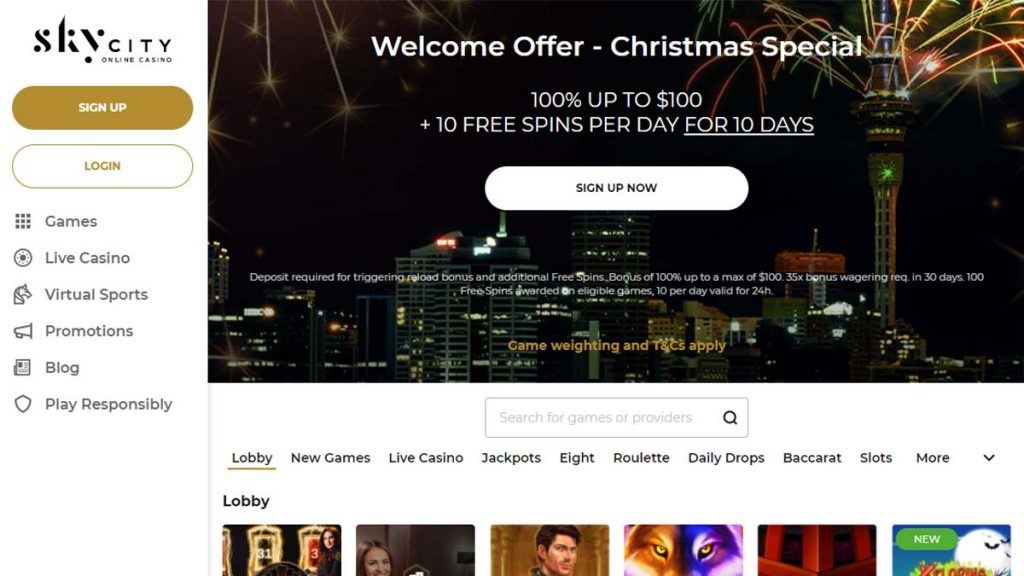 SkyCity Online Casino home page