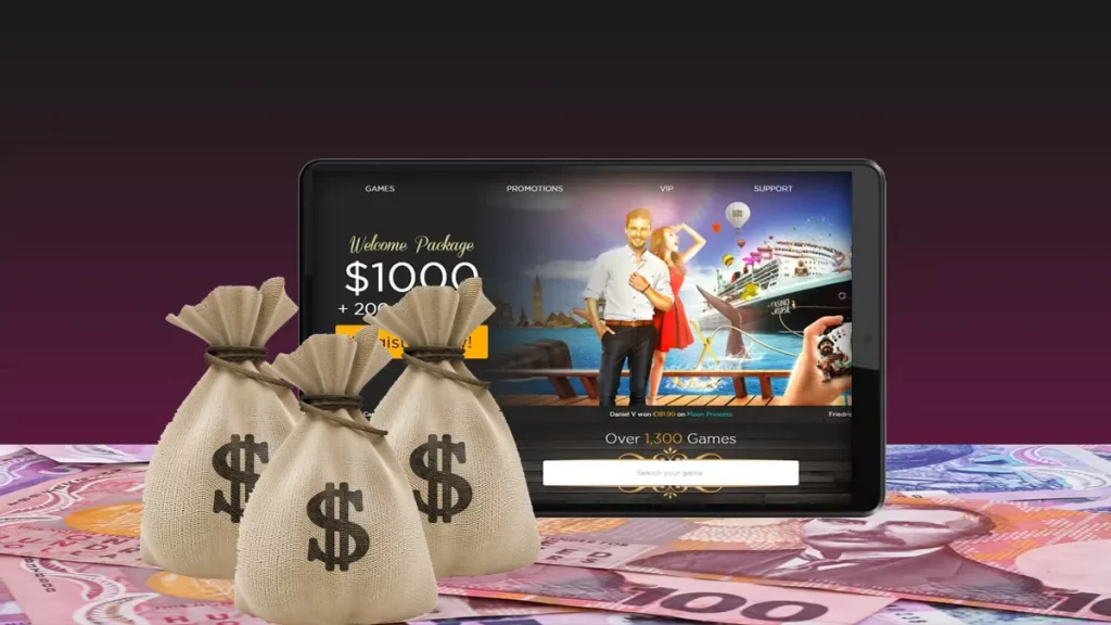 Best paying onlin e casino in NZ with bag of money and casino on laptop