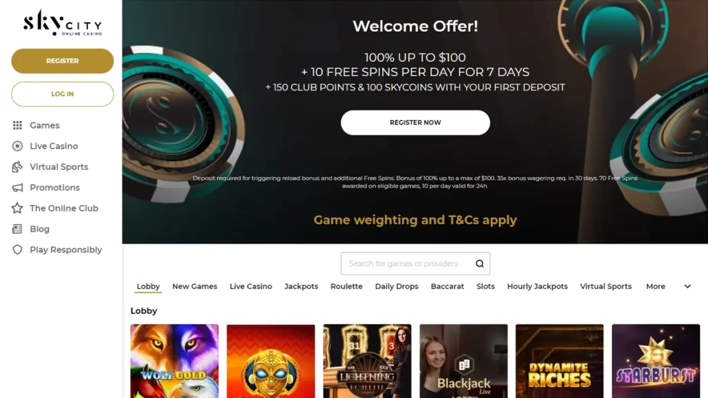 SkyCity Casino homepage 